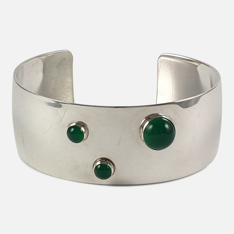 The Silver and Chrysoprase Cabochon Bangle viewed from the front