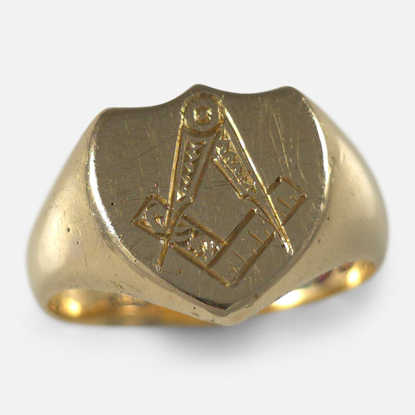 The Edwardian 18ct Gold Masonic Signet Ring, viewed from above at a slight angle