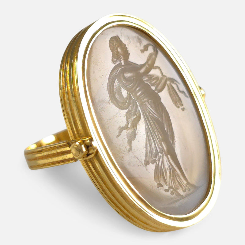 the ring rotated with Hygieia engraving in focus