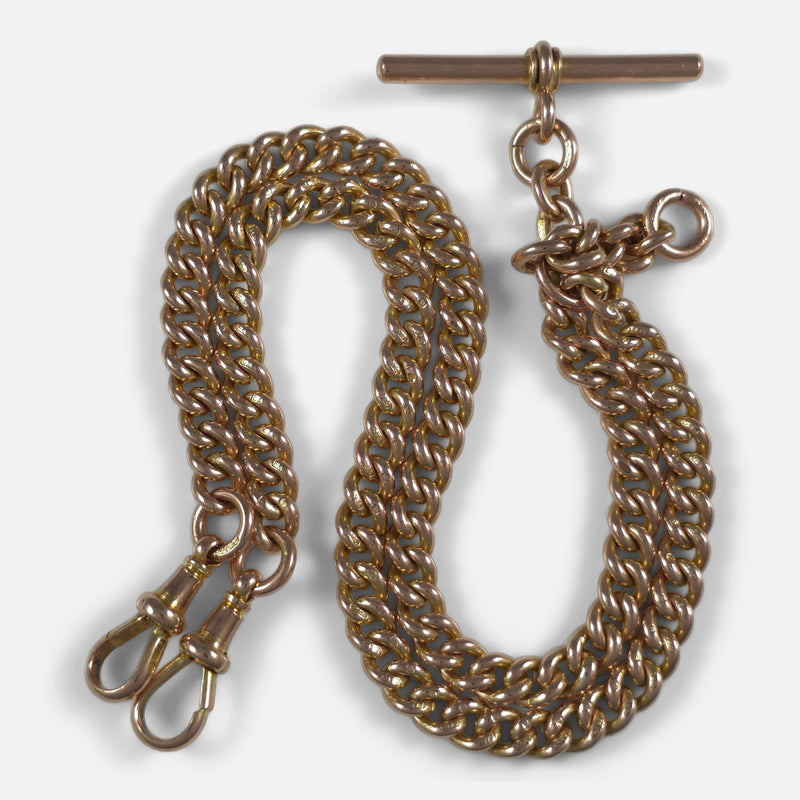 The George V 9ct Rose Gold Albert Watch Chain, viewed from above